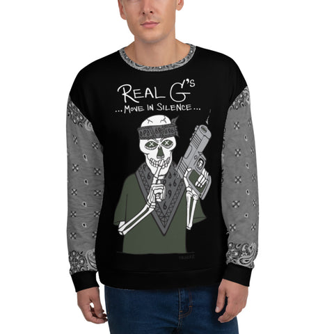 Real G's Move In Silence, Crewneck Sweatshirt with Bandana Sleeves, Black REMIX